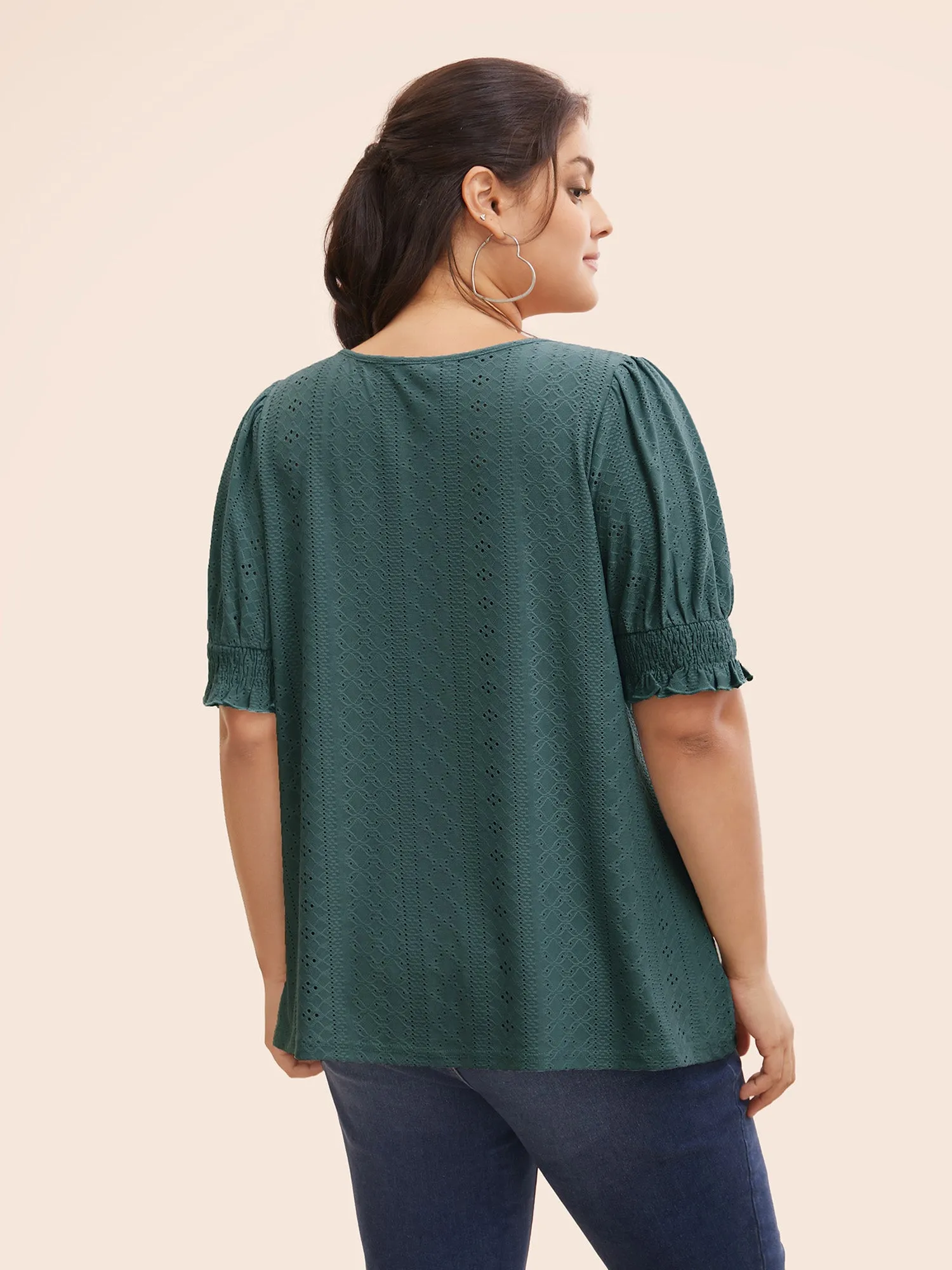 Plain Broderie Anglaise Shirred Puff Sleeve Button Detail T-shirt sold by Bloomchic product image thumbnail 4