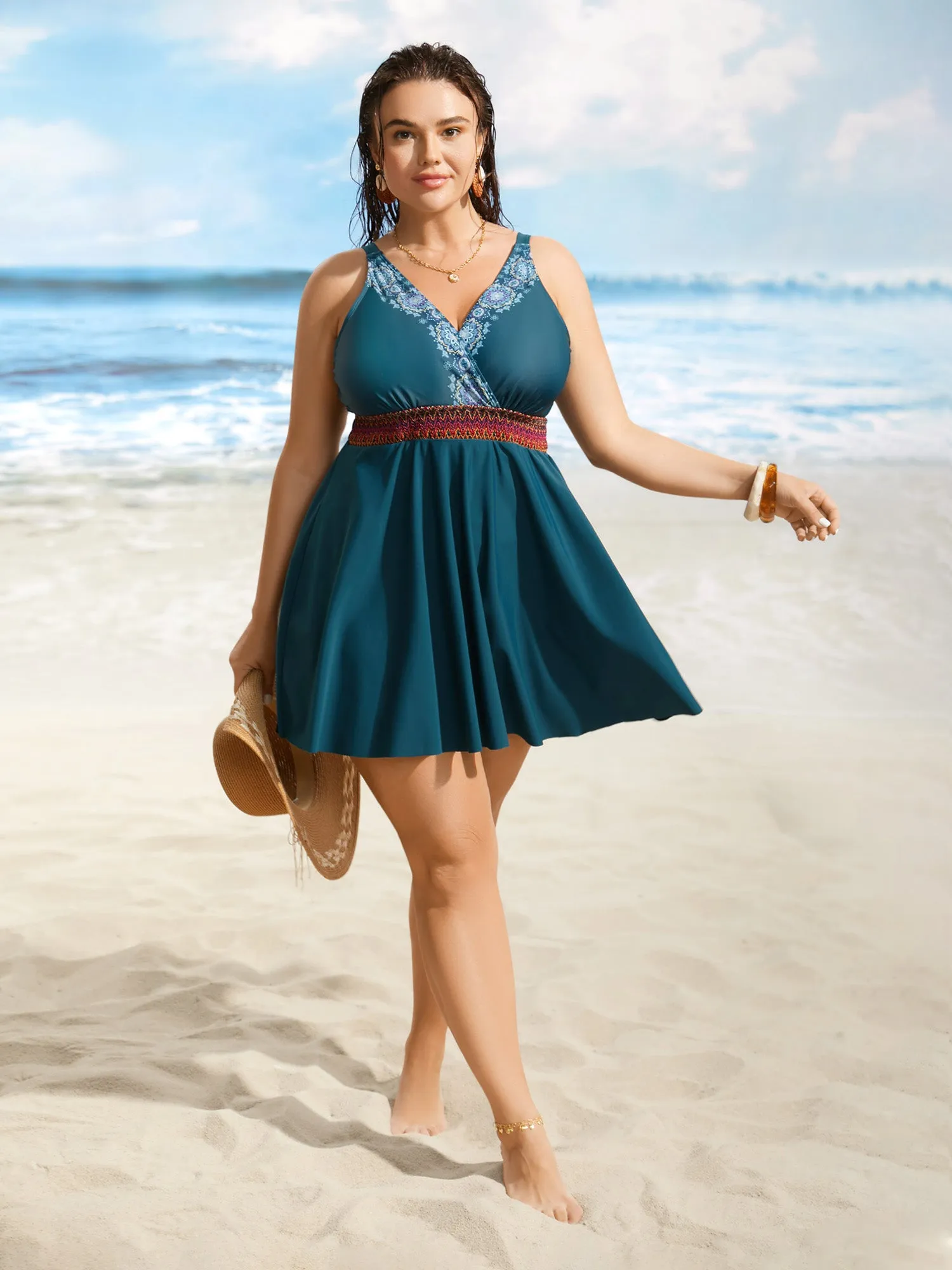 Overlap Collar Bandana Print Contrast Webbing Swim Dress sold by Bloomchic product image thumbnail 3