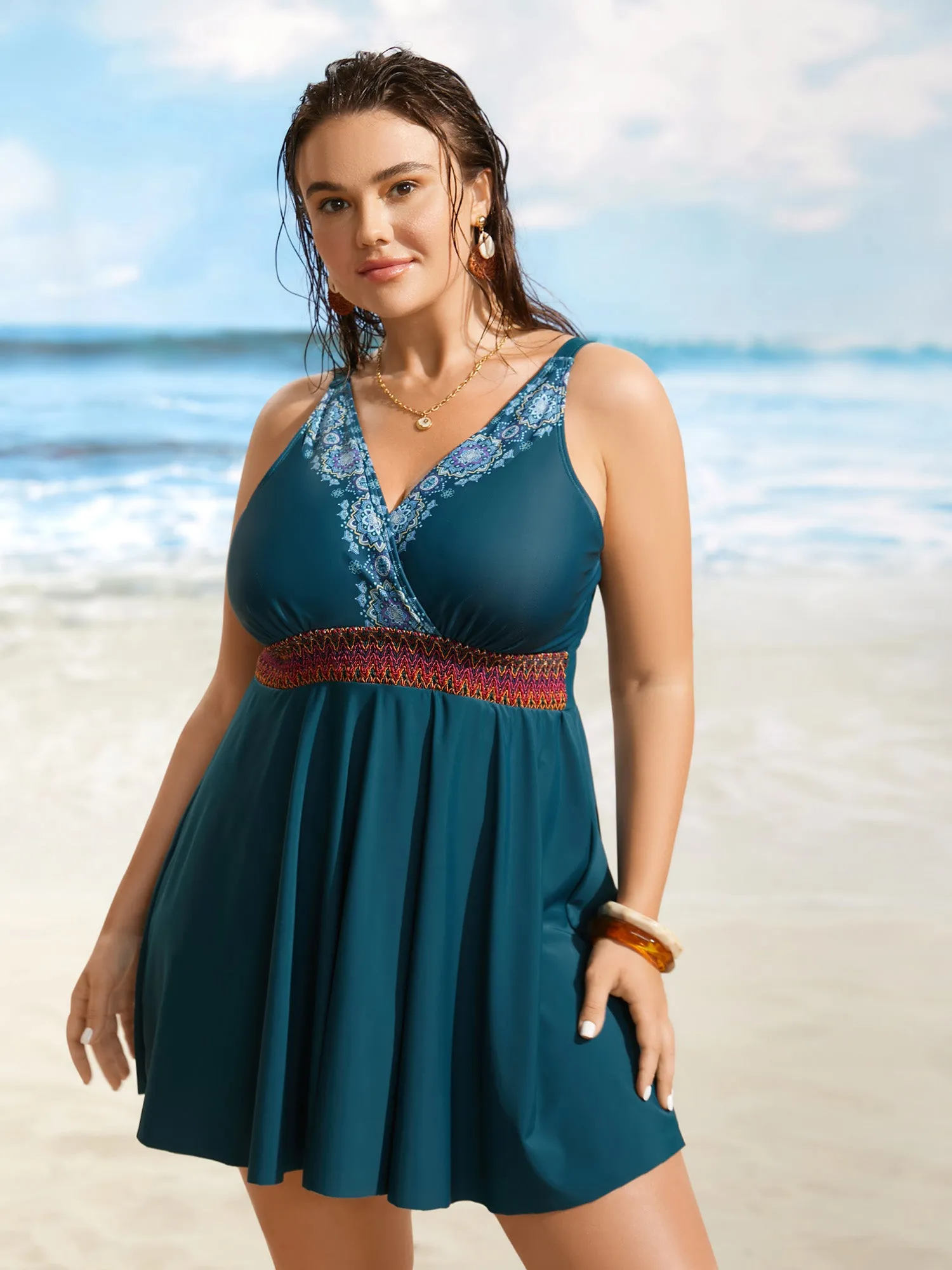 Overlap Collar Bandana Print Contrast Webbing Swim Dress sold by Bloomchic