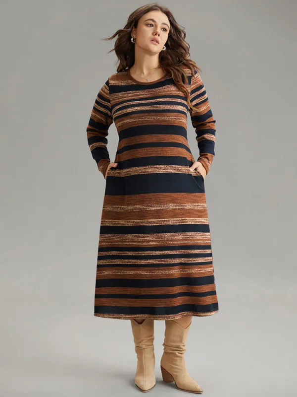 Striped Contrast Elastic Waist Crew Neck Knit Dress sold by Bloomchic