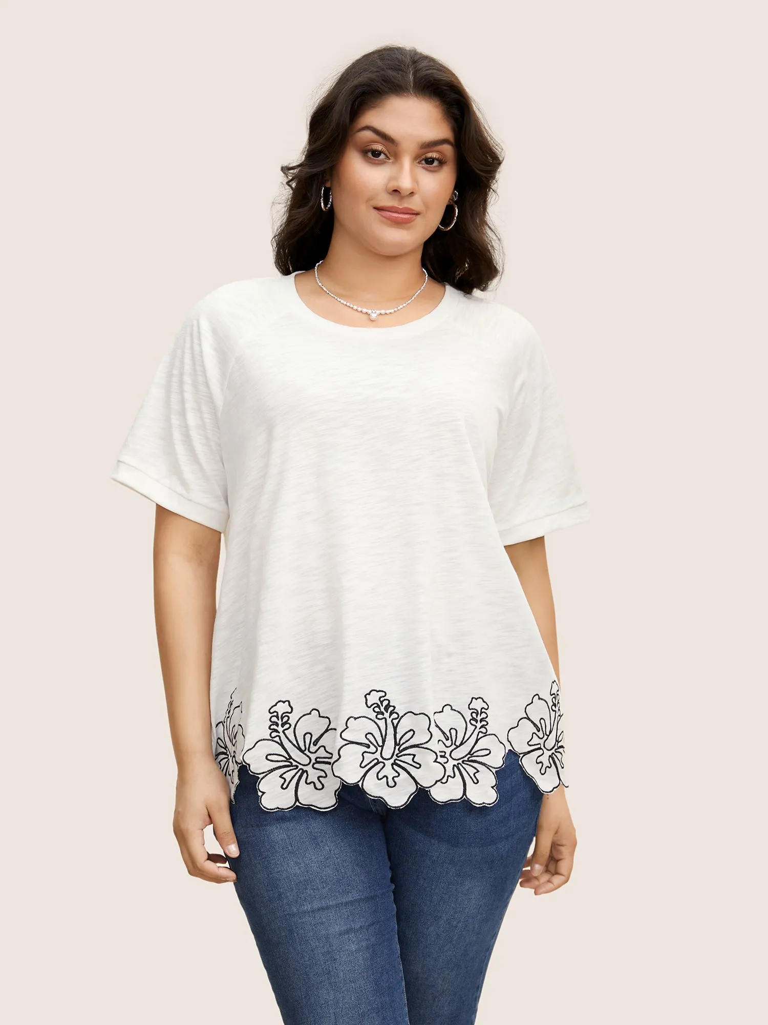 Floral Embroidered Hem Raglan Sleeve T-shirt sold by Bloomchic