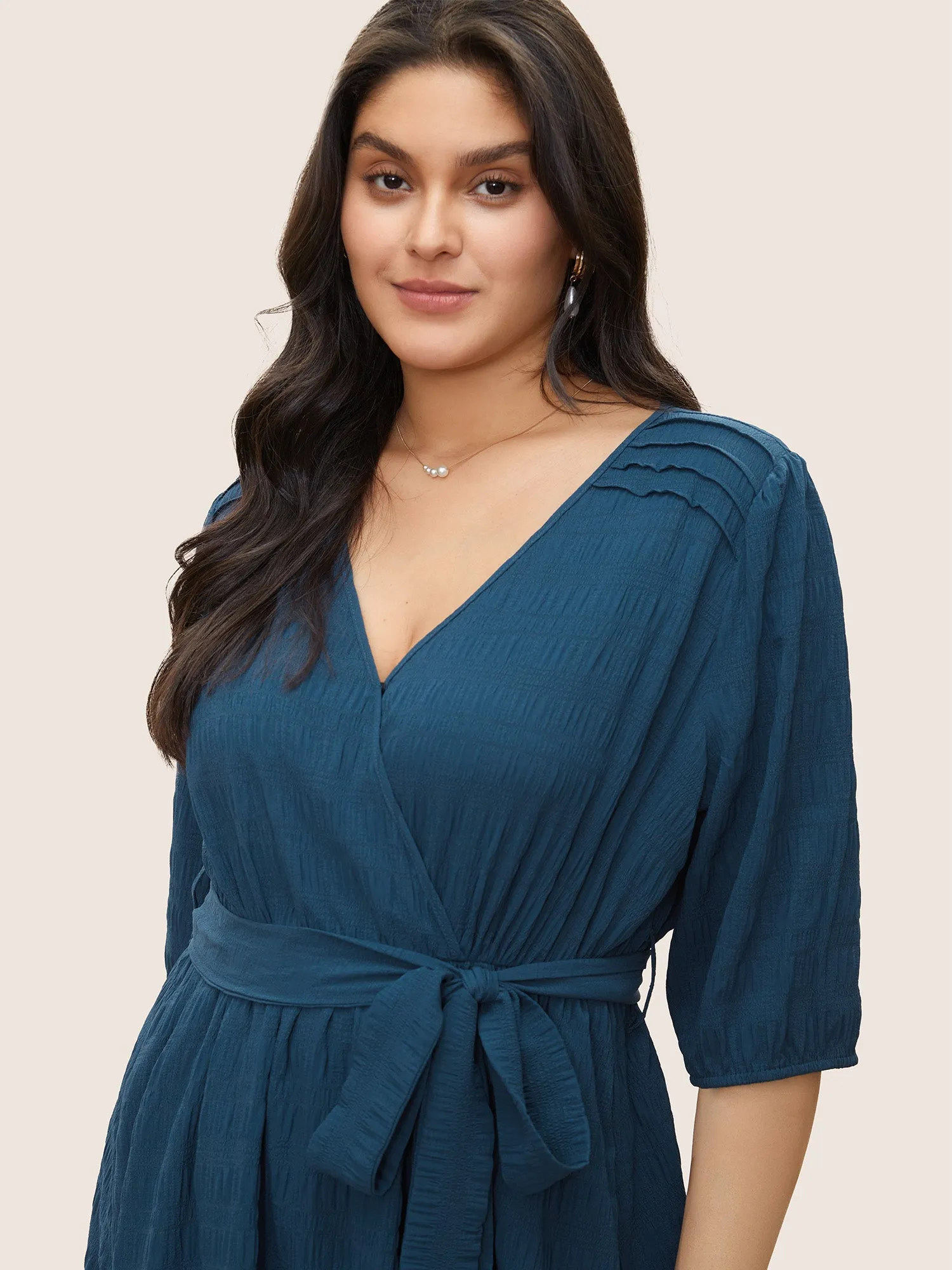 Plisse Overlap Collar Belted Pleated Detail Dress sold by Bloomchic product image thumbnail 4