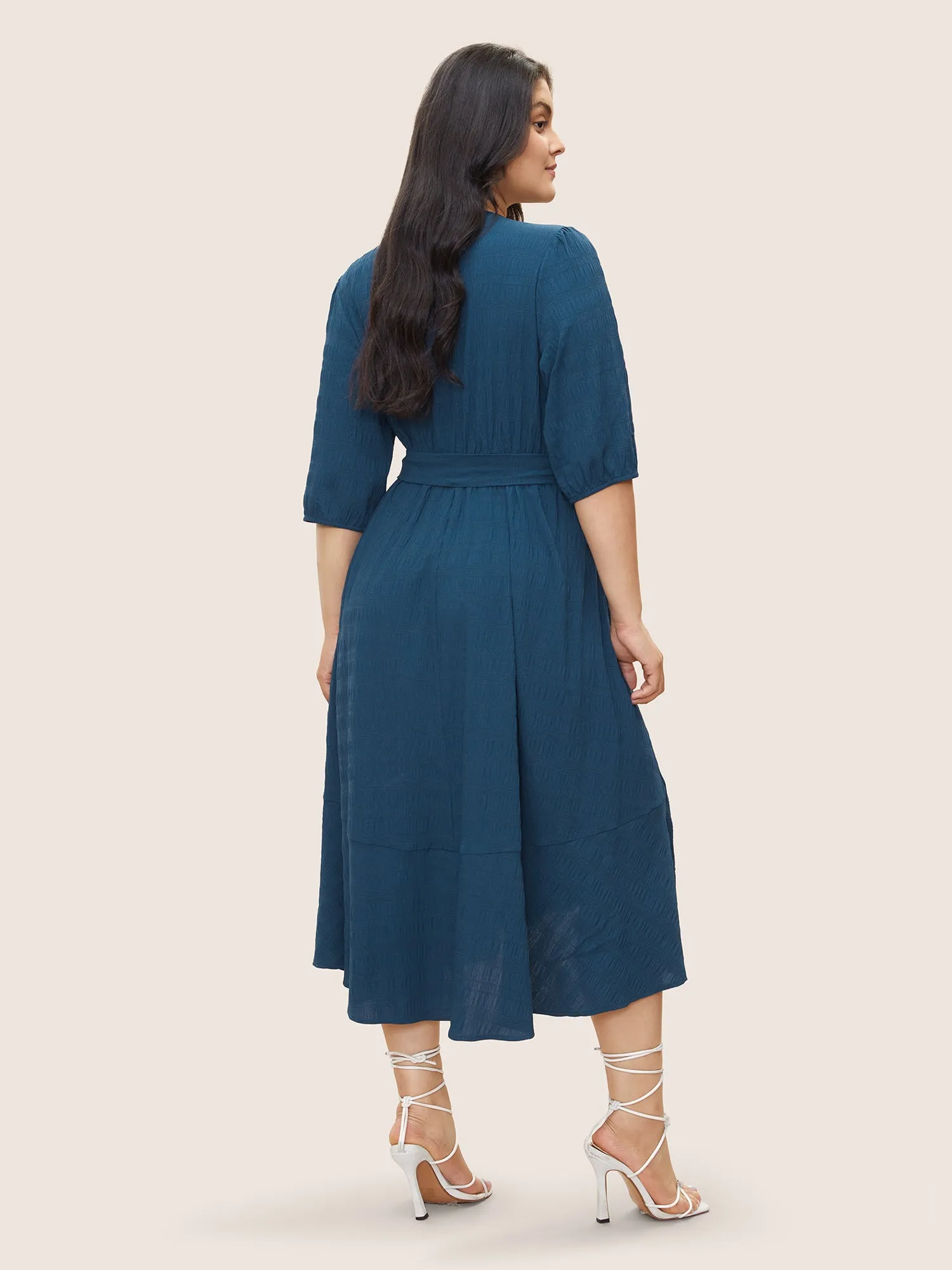 Plisse Overlap Collar Belted Pleated Detail Dress sold by Bloomchic product image thumbnail 3