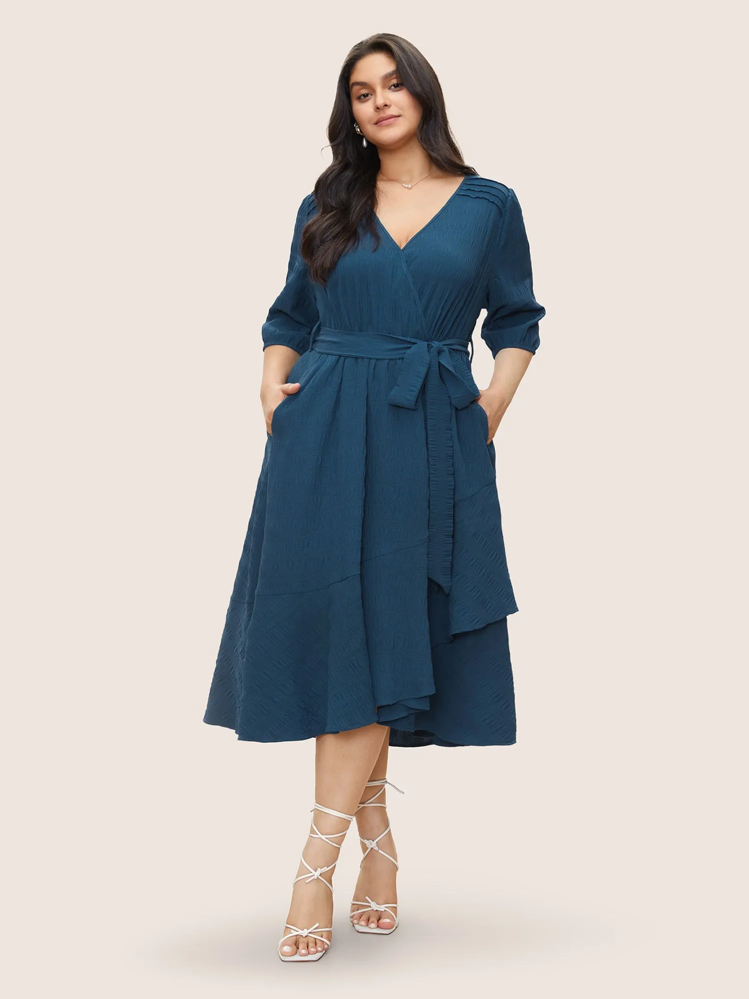 Plisse Overlap Collar Belted Pleated Detail Dress sold by Bloomchic product image thumbnail 2