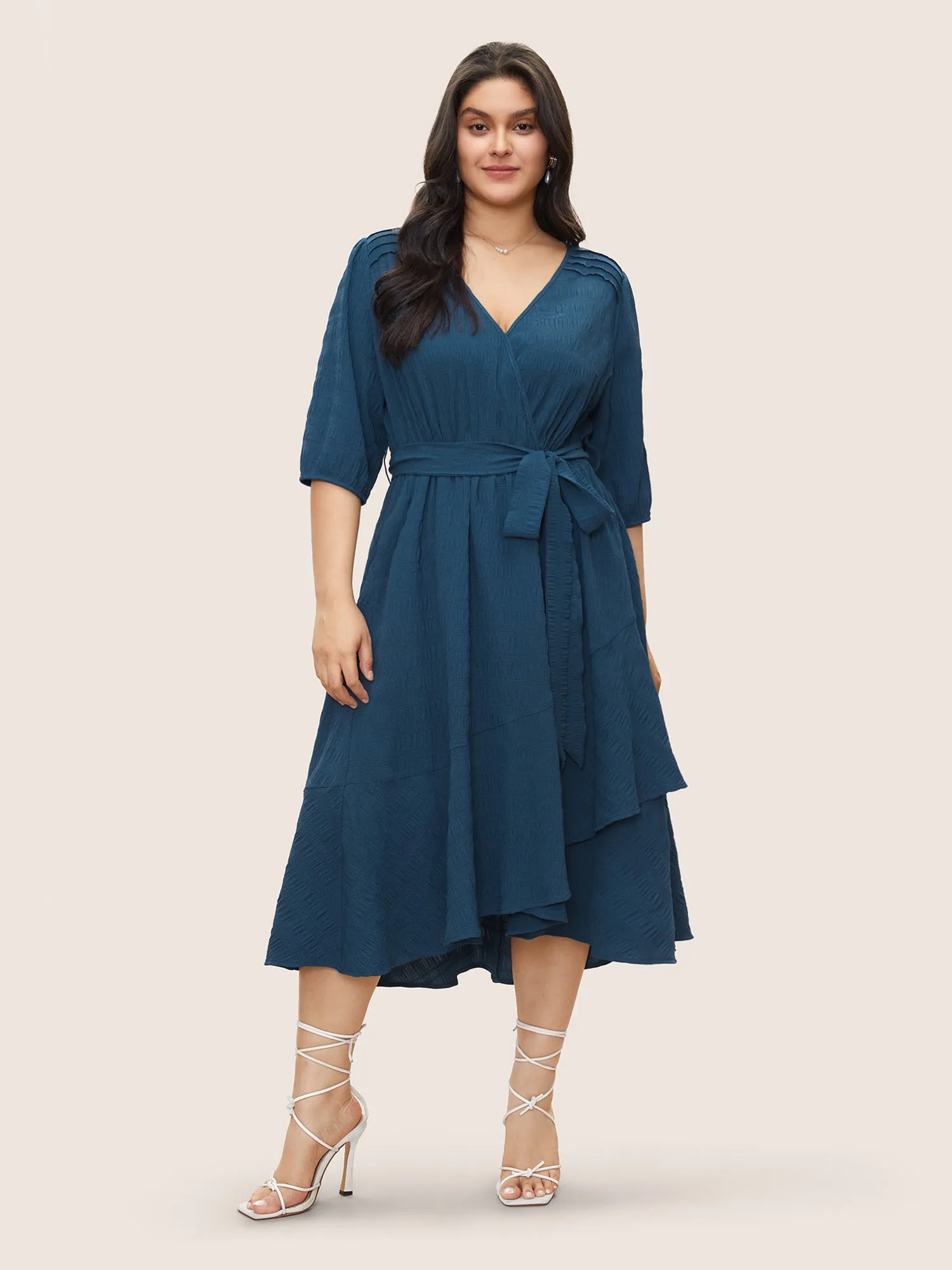 Plisse Overlap Collar Belted Pleated Detail Dress sold by Bloomchic