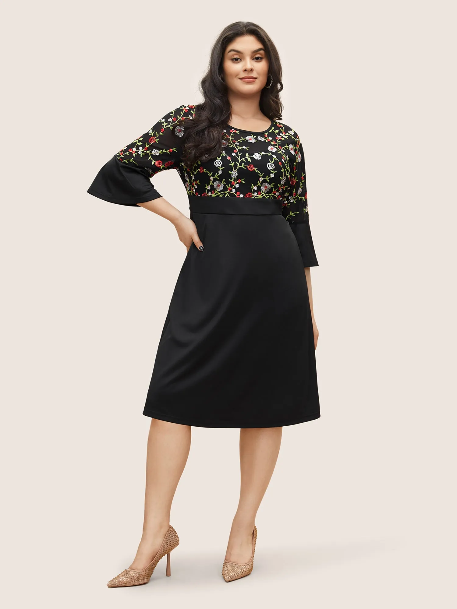 Floral Embroidered Pocket Mesh Patchwork Dress sold by Bloomchic