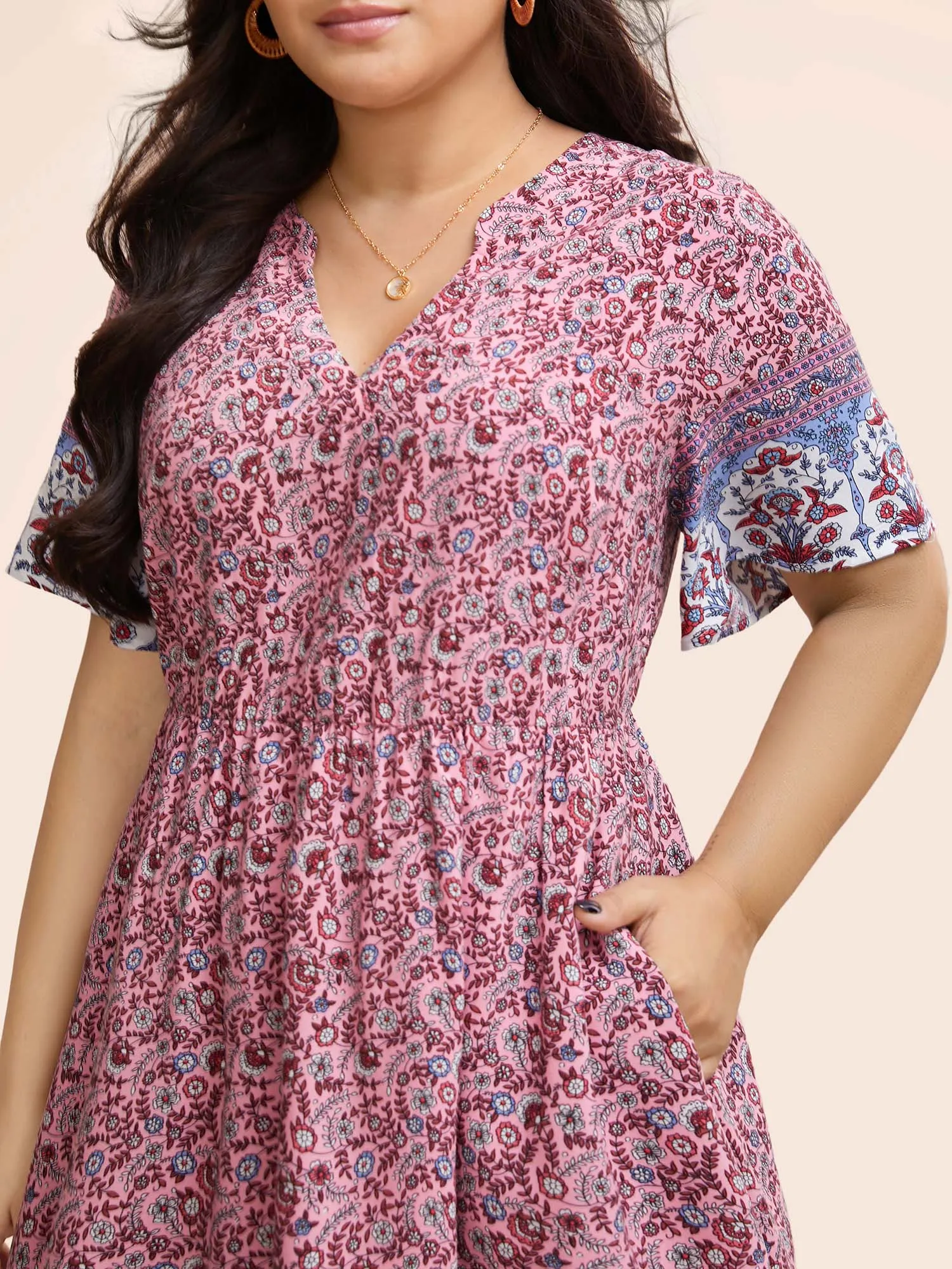 Boho Print Notched Collar Elastic Waist Dress sold by Bloomchic product image thumbnail 4