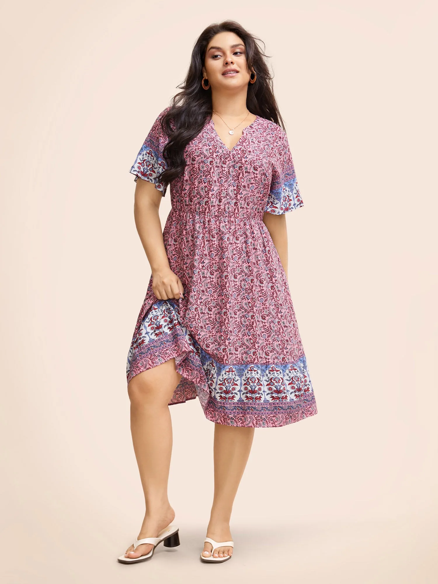 Boho Print Notched Collar Elastic Waist Dress sold by Bloomchic product image thumbnail 2