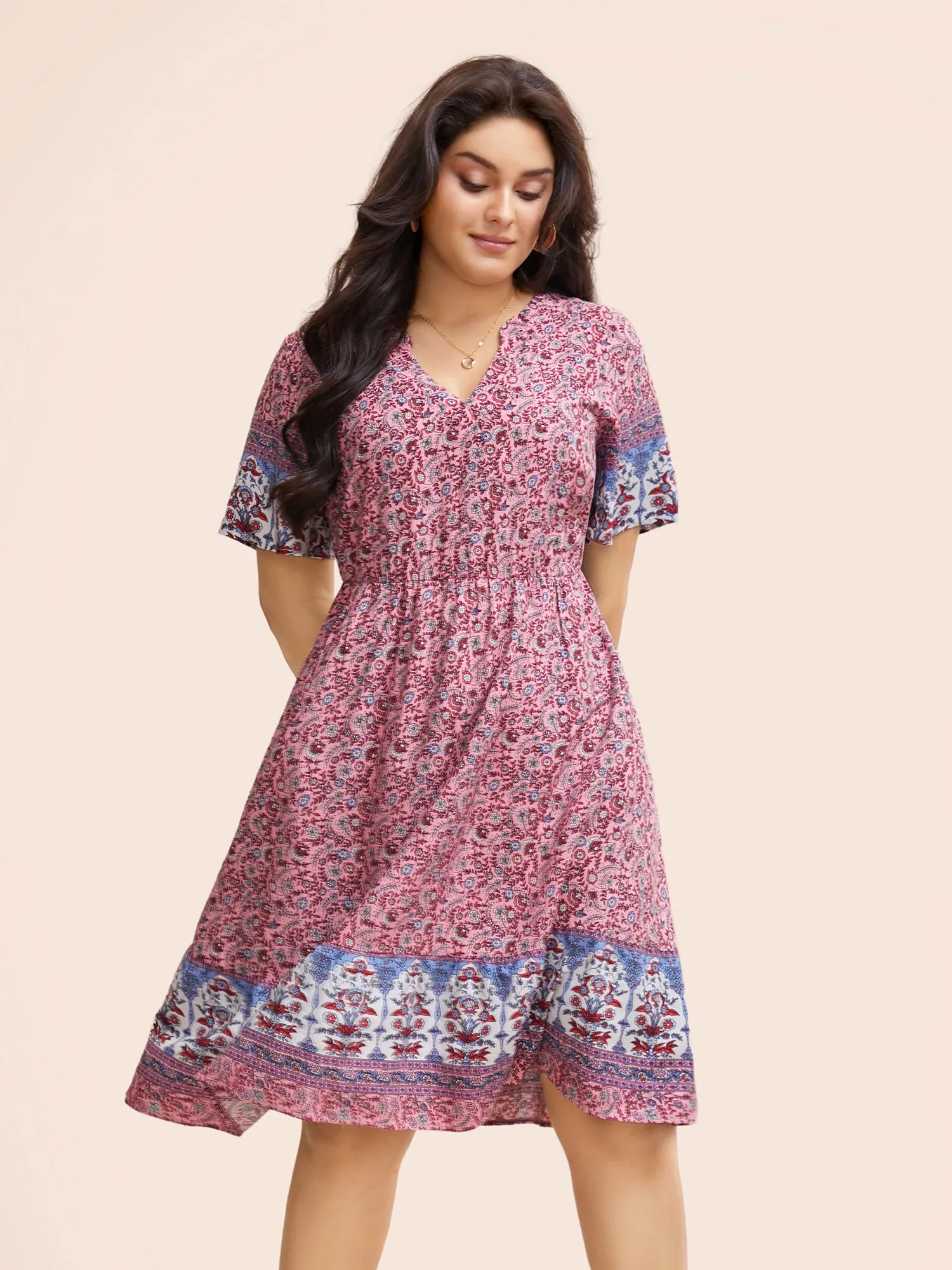 Boho Print Notched Collar Elastic Waist Dress sold by Bloomchic