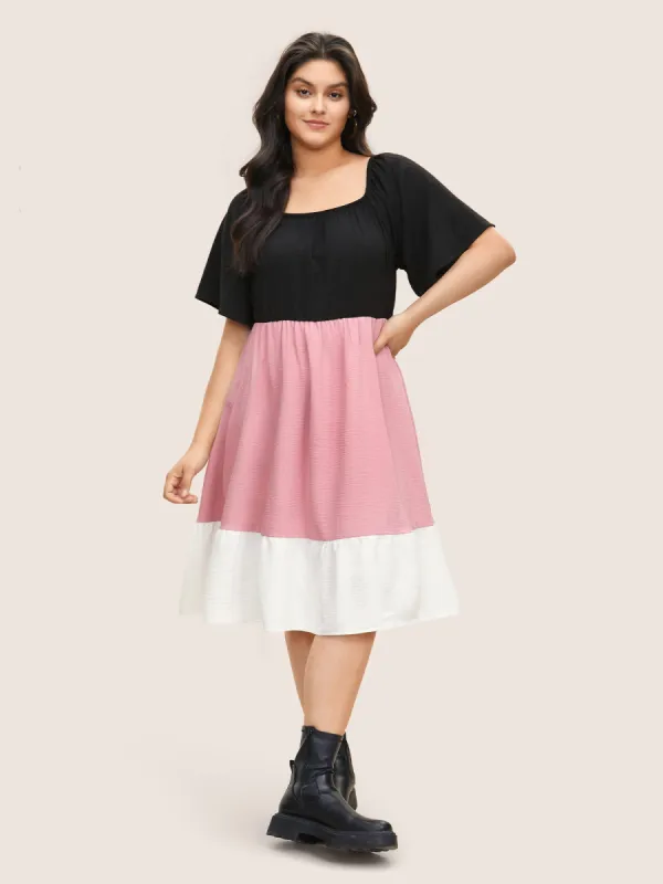 Colorblock Contrast Patchwork Gathered Raglan Sleeve Dress sold by Bloomchic