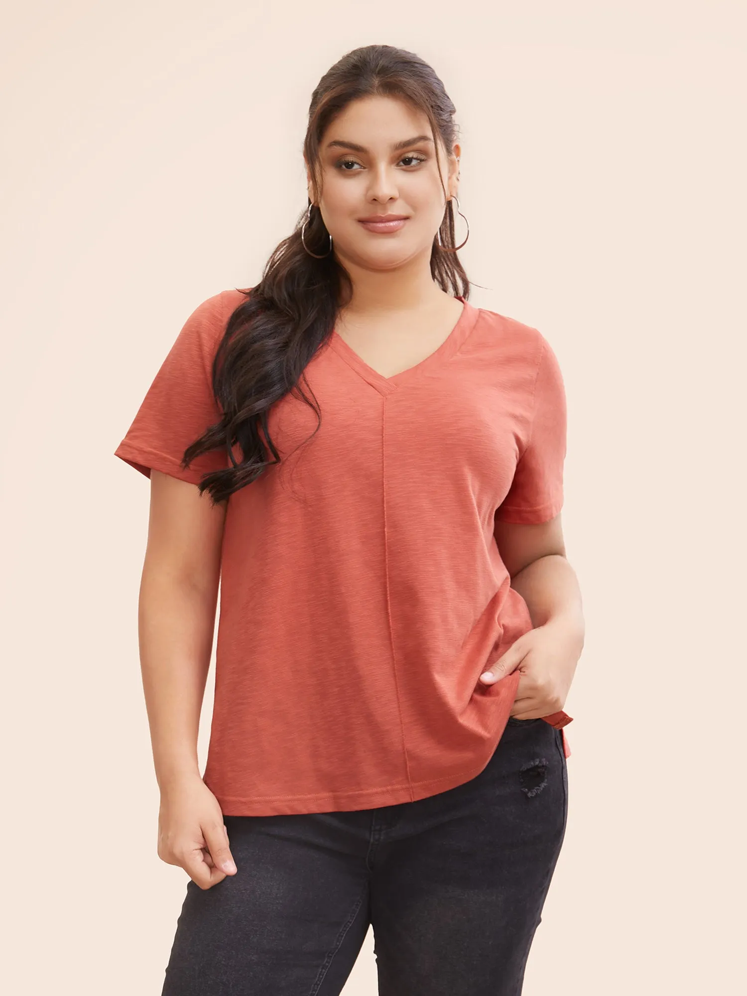 Solid V Neck Split Hem T-shirt sold by Bloomchic