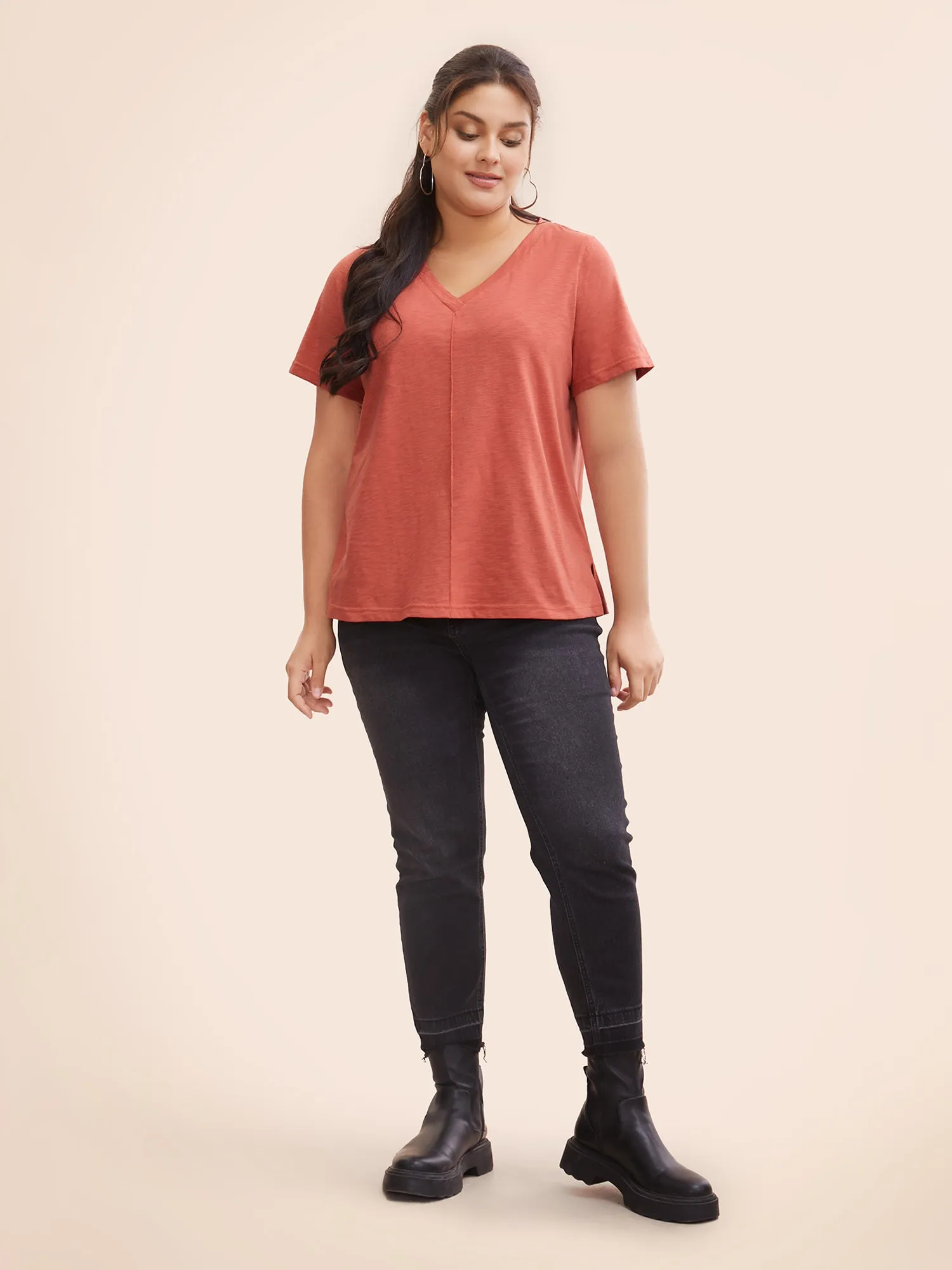 Solid V Neck Split Hem T-shirt sold by Bloomchic product image thumbnail 3