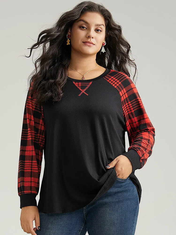 Plaid Contrast Stitch Raglan Sleeve T-shirt sold by Bloomchic product image thumbnail 4