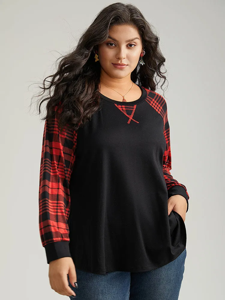 Plaid Contrast Stitch Raglan Sleeve T-shirt sold by Bloomchic