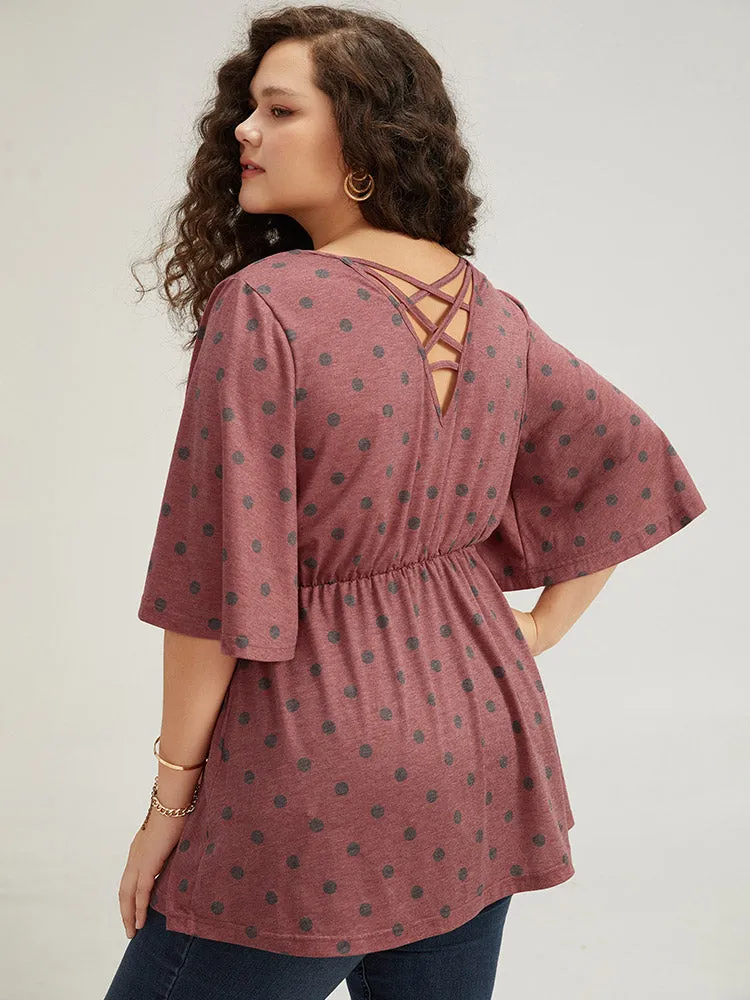 Polka Dot Round Neck Flutter Sleeve Back Crisscross T-shirt sold by Bloomchic