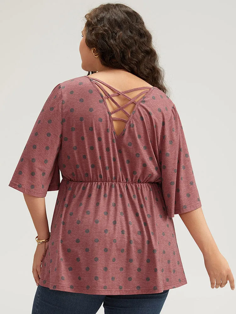 Polka Dot Round Neck Flutter Sleeve Back Crisscross T-shirt sold by Bloomchic product image thumbnail 4