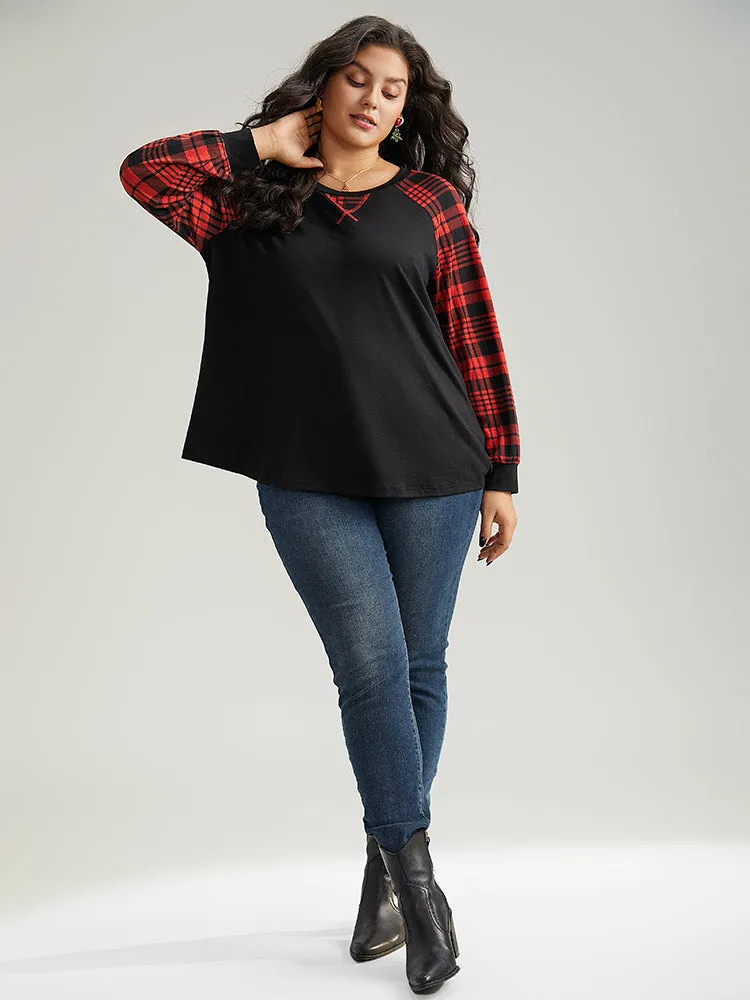 Plaid Contrast Stitch Raglan Sleeve T-shirt sold by Bloomchic product image thumbnail 5