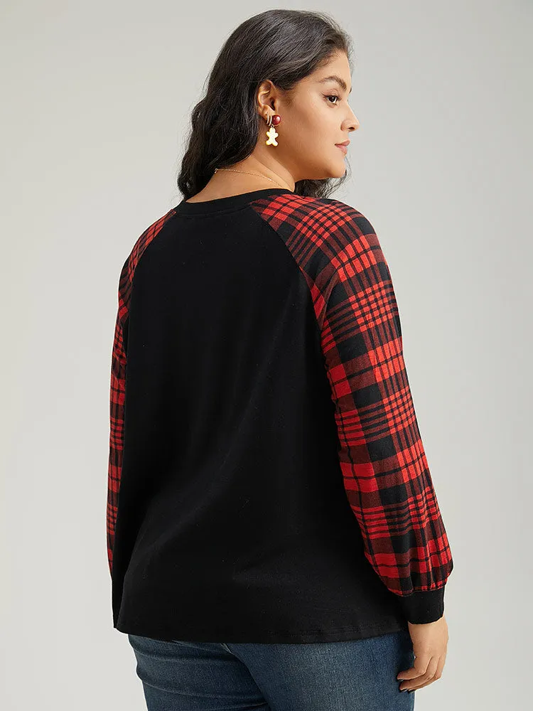 Plaid Contrast Stitch Raglan Sleeve T-shirt sold by Bloomchic product image thumbnail 2