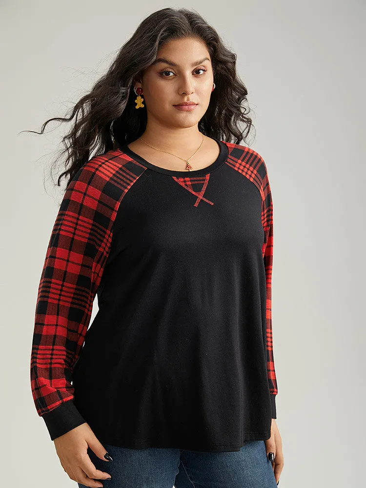 Plaid Contrast Stitch Raglan Sleeve T-shirt sold by Bloomchic product image thumbnail 3