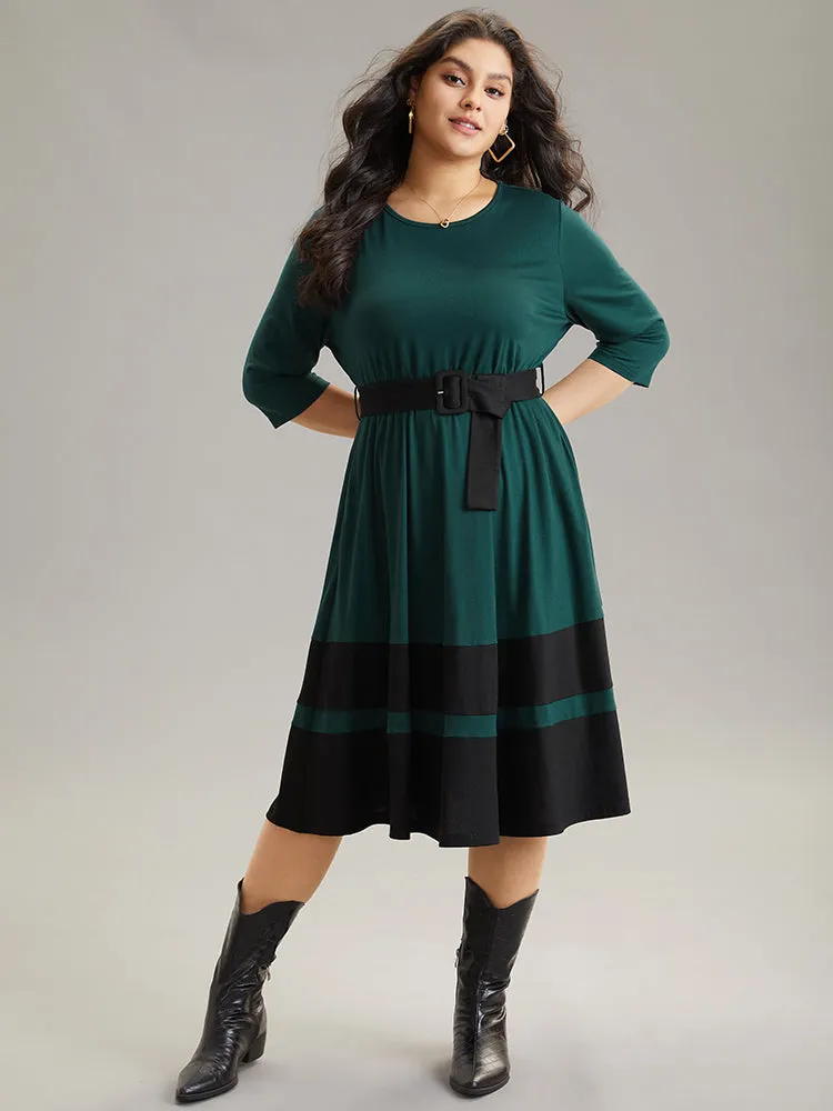 Contrast Belted Buckle Detail Elastic Waist Dress sold by Bloomchic