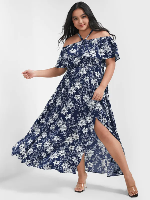 Bloom Dress - Floral Print Halter Off Shoulder Split Maxi Dress sold by Bloomchic