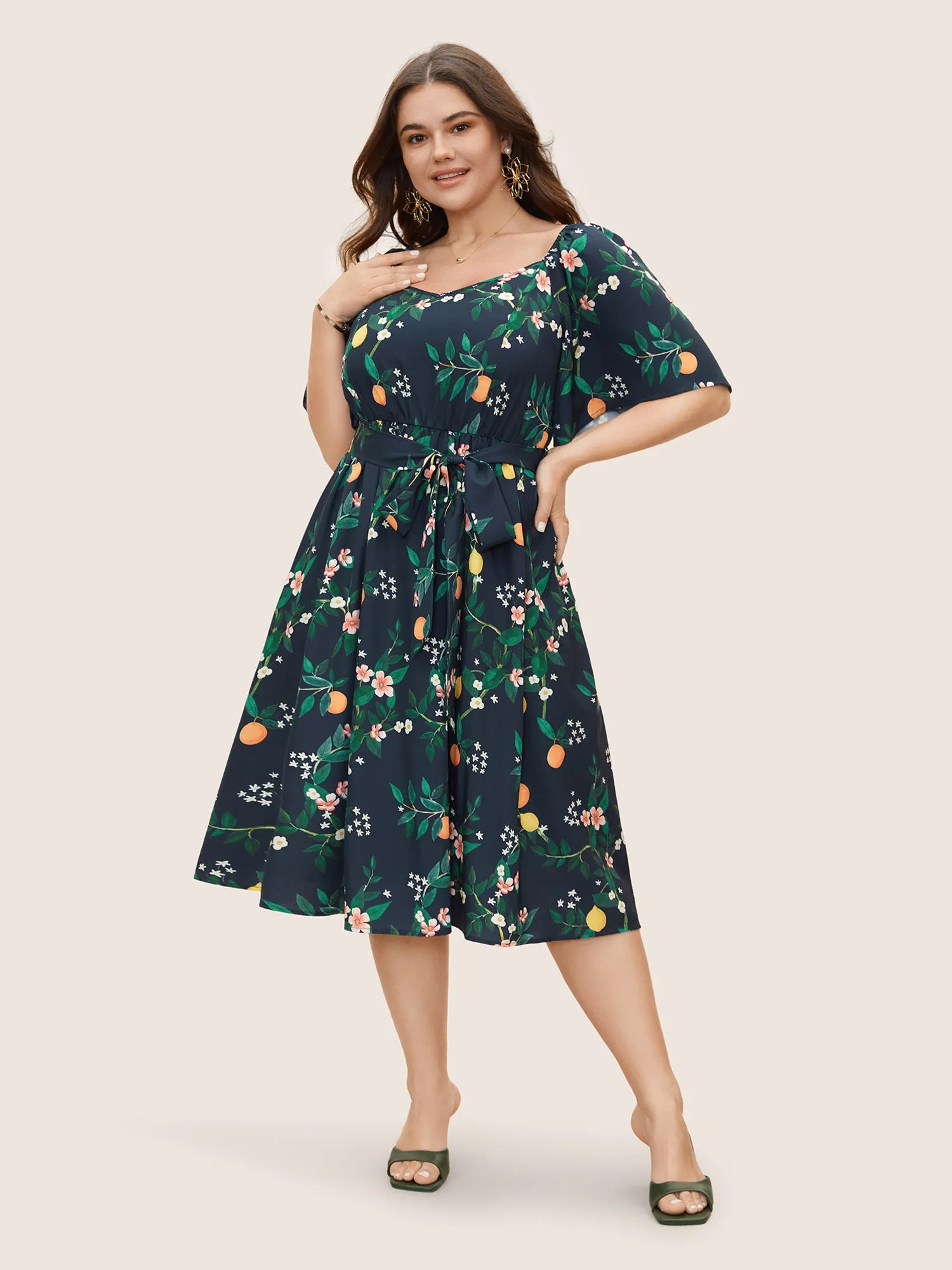 Fruit Print Flutter Sleeve Belted Midi Dress sold by Bloomchic product image thumbnail 2