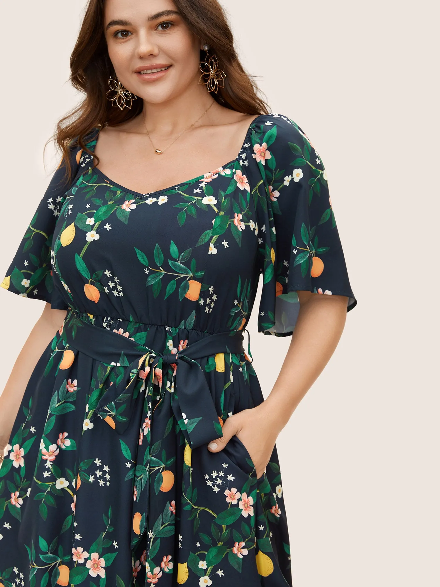 Fruit Print Flutter Sleeve Belted Midi Dress sold by Bloomchic product image thumbnail 4