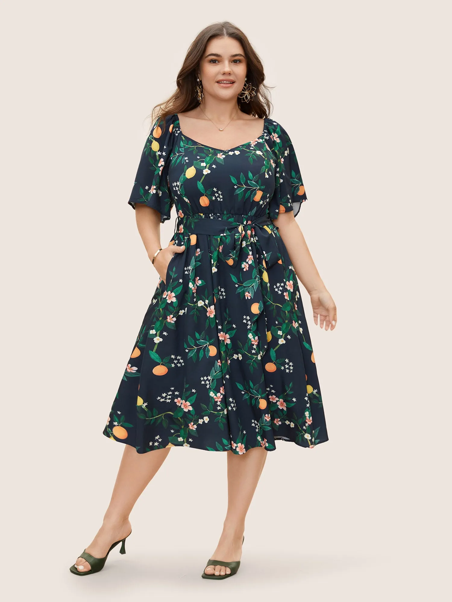Fruit Print Flutter Sleeve Belted Midi Dress sold by Bloomchic