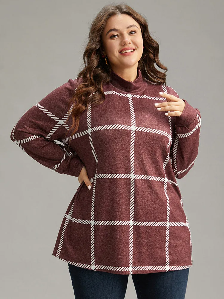 Plaid Geometric Contrast Funnel Neck T-shirt sold by Bloomchic