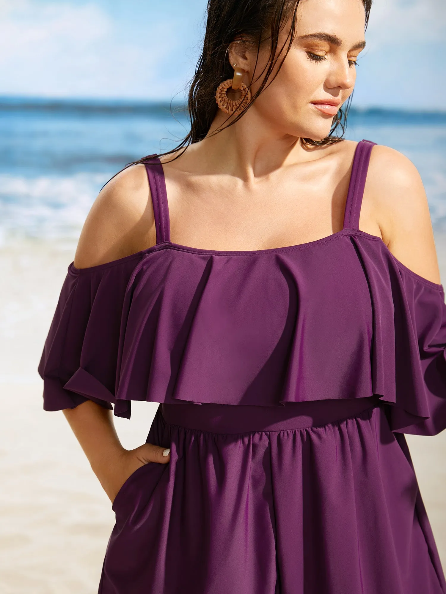 Solid One Shoulder Neck Ruffle Trim One Piece Swimsuit sold by Bloomchic product image thumbnail 5