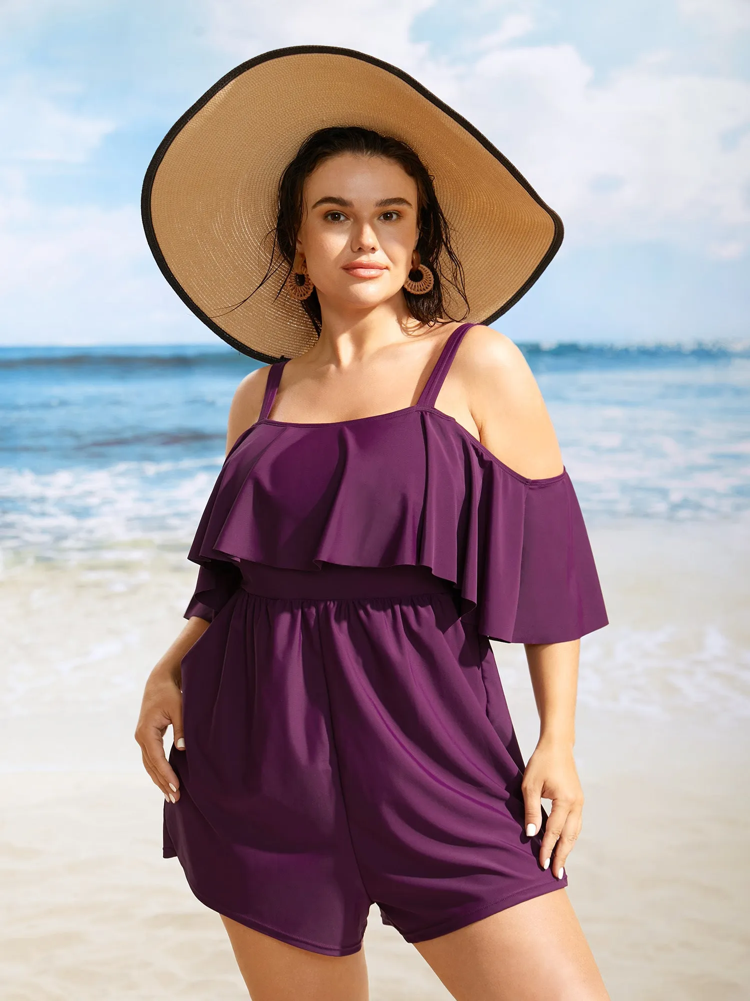 Solid One Shoulder Neck Ruffle Trim One Piece Swimsuit sold by Bloomchic product image thumbnail 4