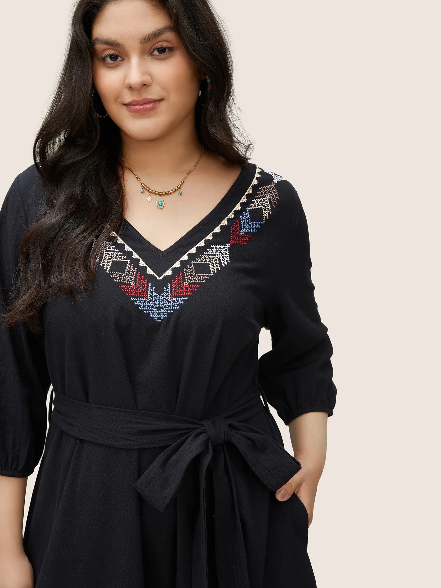 Graphic Embroidered Belted Elastic Cuffs Dress sold by Bloomchic product image thumbnail 4