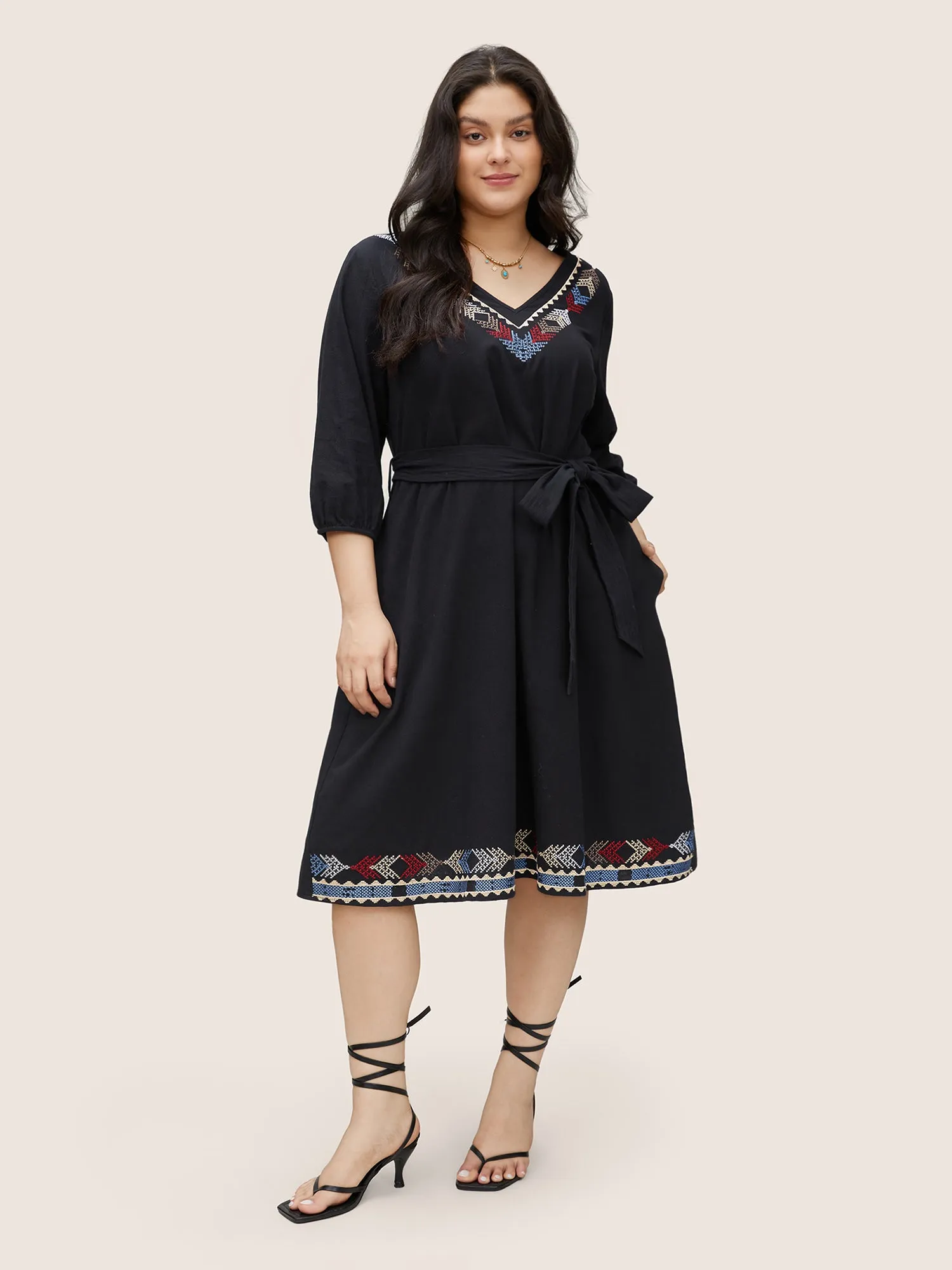 Graphic Embroidered Belted Elastic Cuffs Dress sold by Bloomchic
