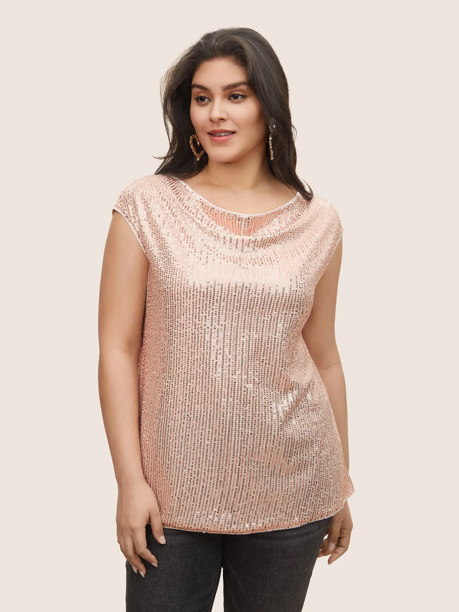 Solid Sequin Cowl Neck Sleeveless Blouse sold by Bloomchic