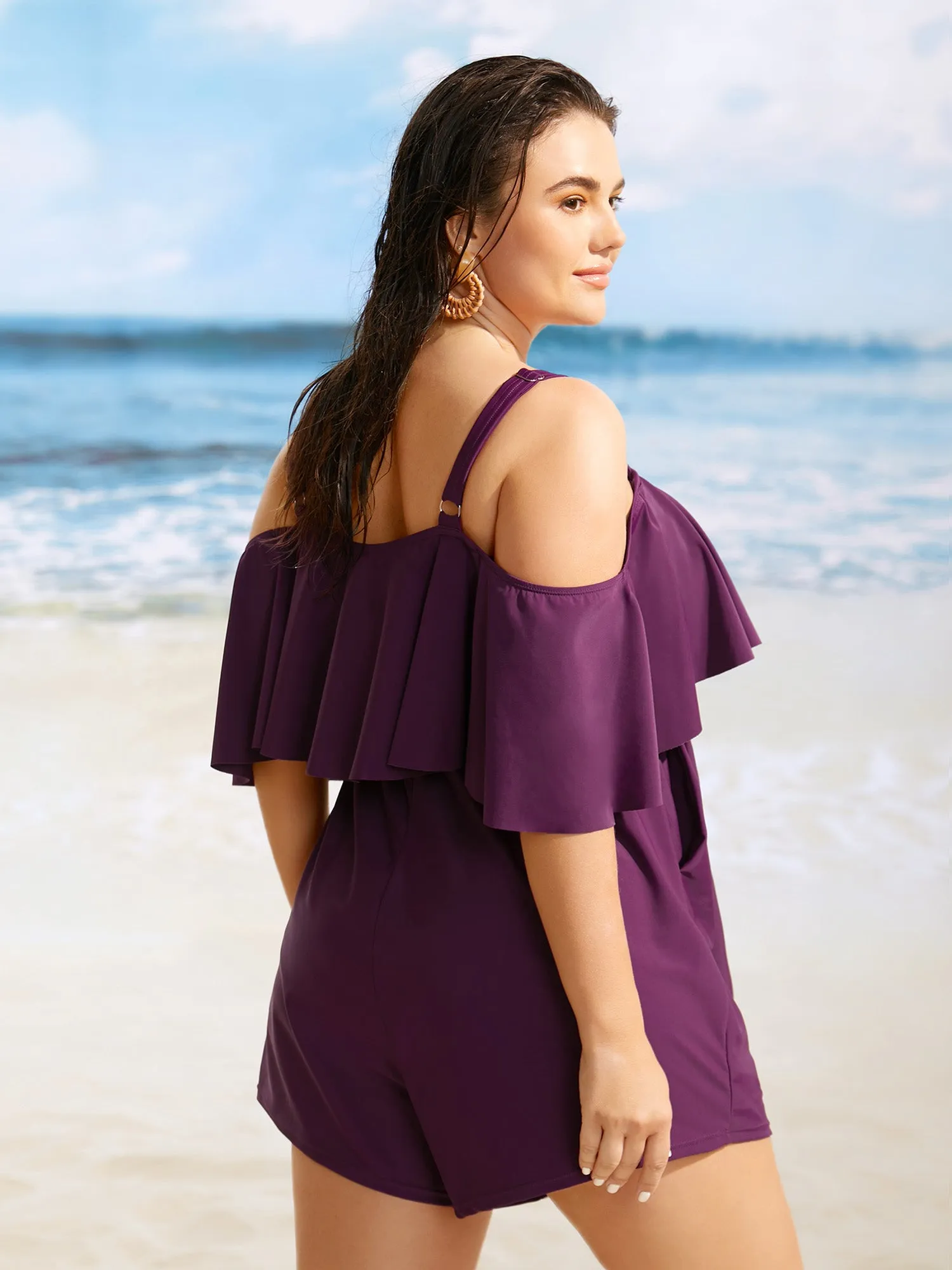 Solid One Shoulder Neck Ruffle Trim One Piece Swimsuit sold by Bloomchic product image thumbnail 2