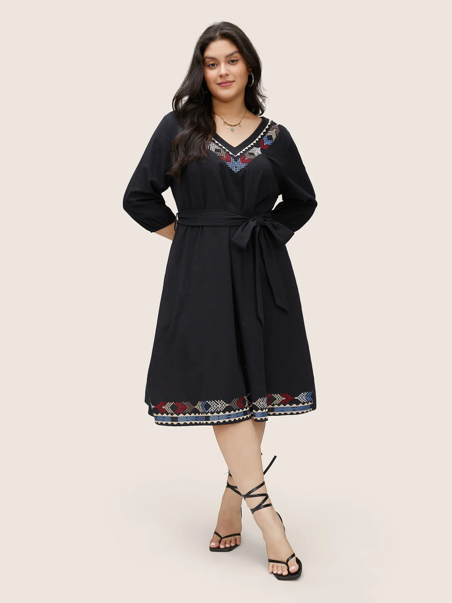 Graphic Embroidered Belted Elastic Cuffs Dress sold by Bloomchic product image thumbnail 2