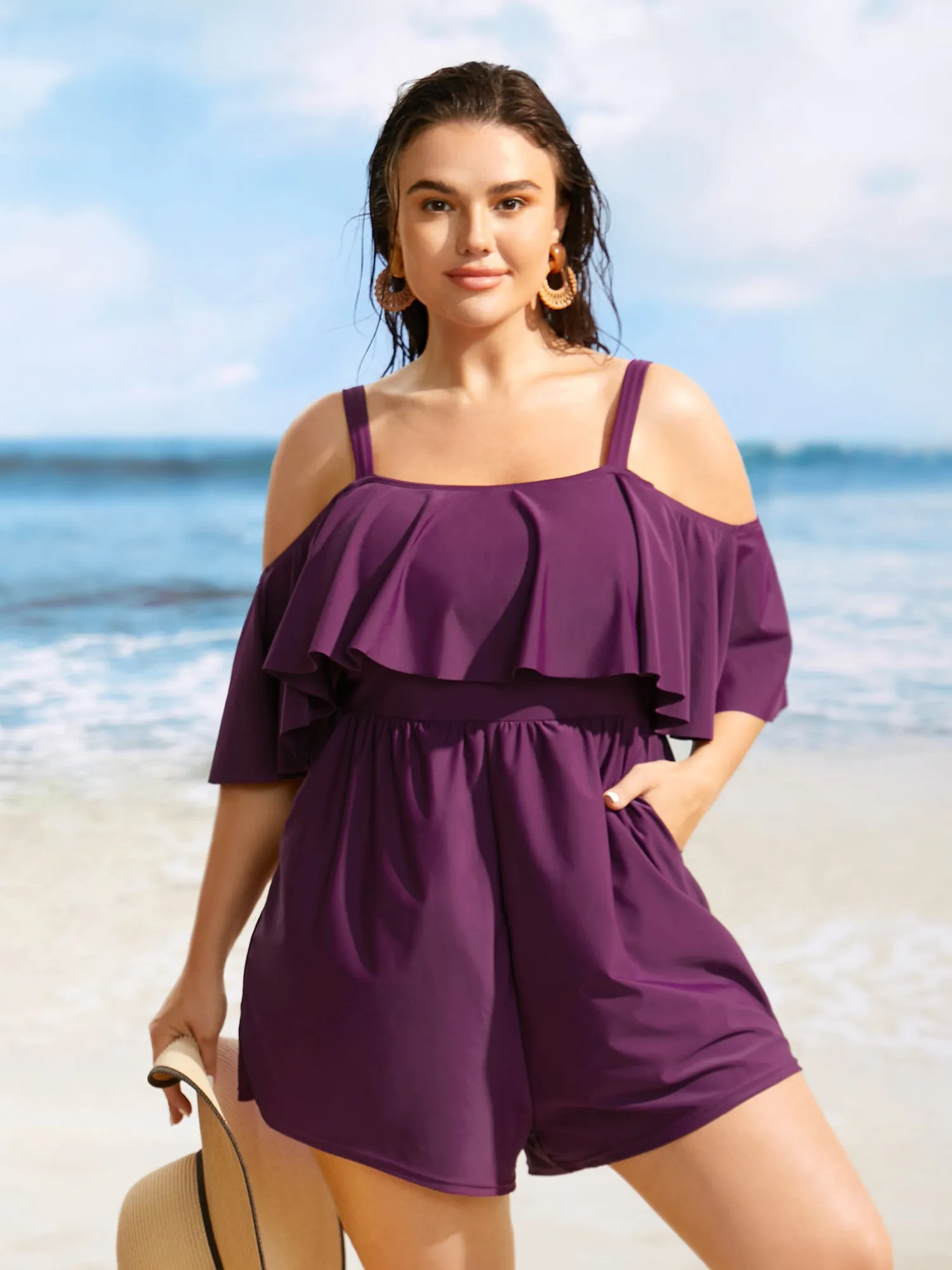 Solid One Shoulder Neck Ruffle Trim One Piece Swimsuit sold by Bloomchic
