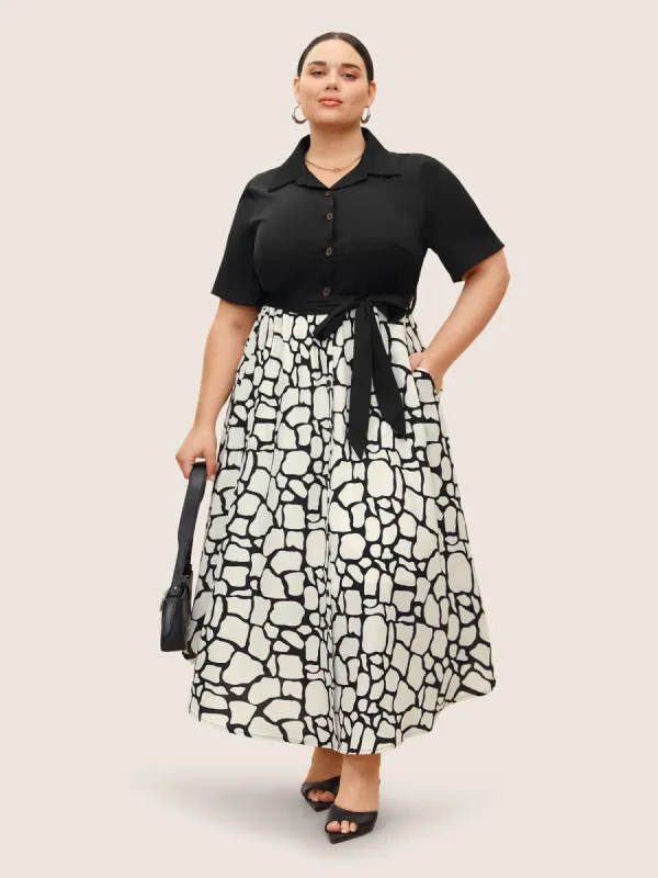 Geometric Patchwork Button Up Belted Dress sold by Bloomchic