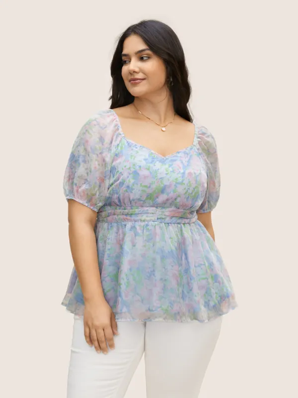 Heart Neckline Floral Mesh Ruched Blouse sold by Bloomchic