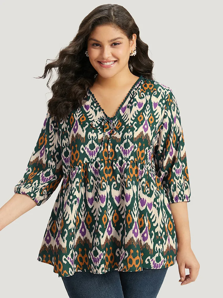 Bandana Print Ties Pompom Trim Blouse sold by Bloomchic