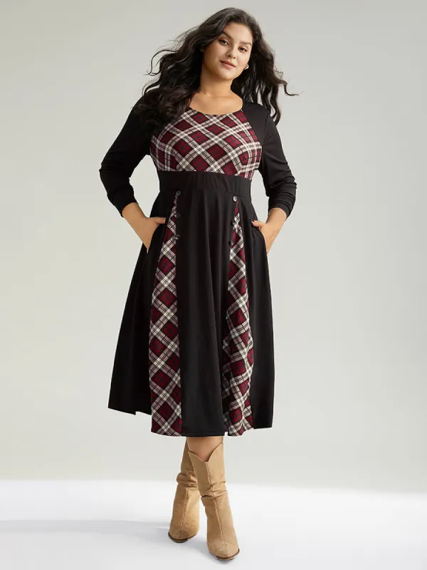 Christmas Plaid Patchwork Button Detail Dress sold by Bloomchic