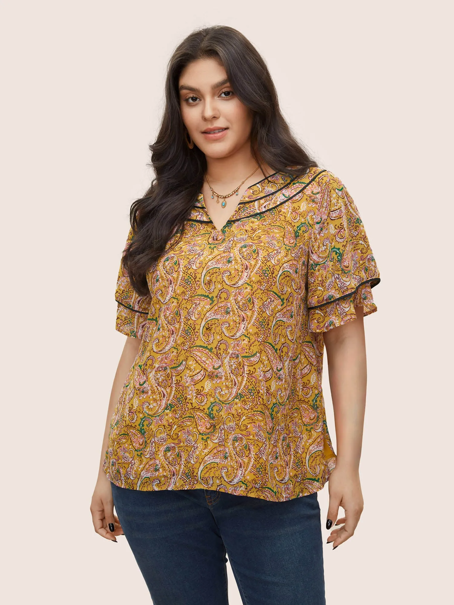 Paisley Print Chiffon Ruffle Layered Sleeve Blouse sold by Bloomchic