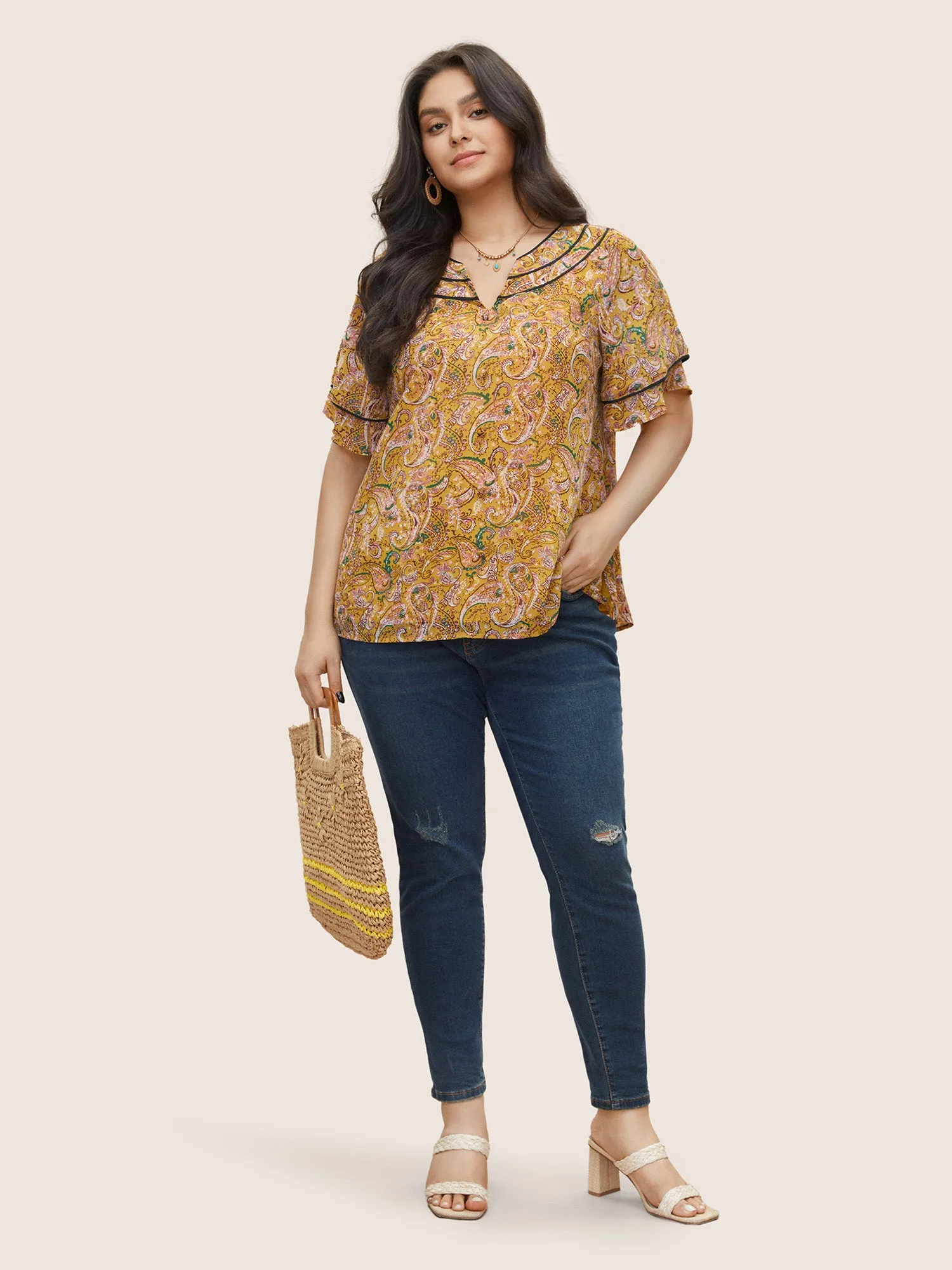 Paisley Print Chiffon Ruffle Layered Sleeve Blouse sold by Bloomchic product image thumbnail 2