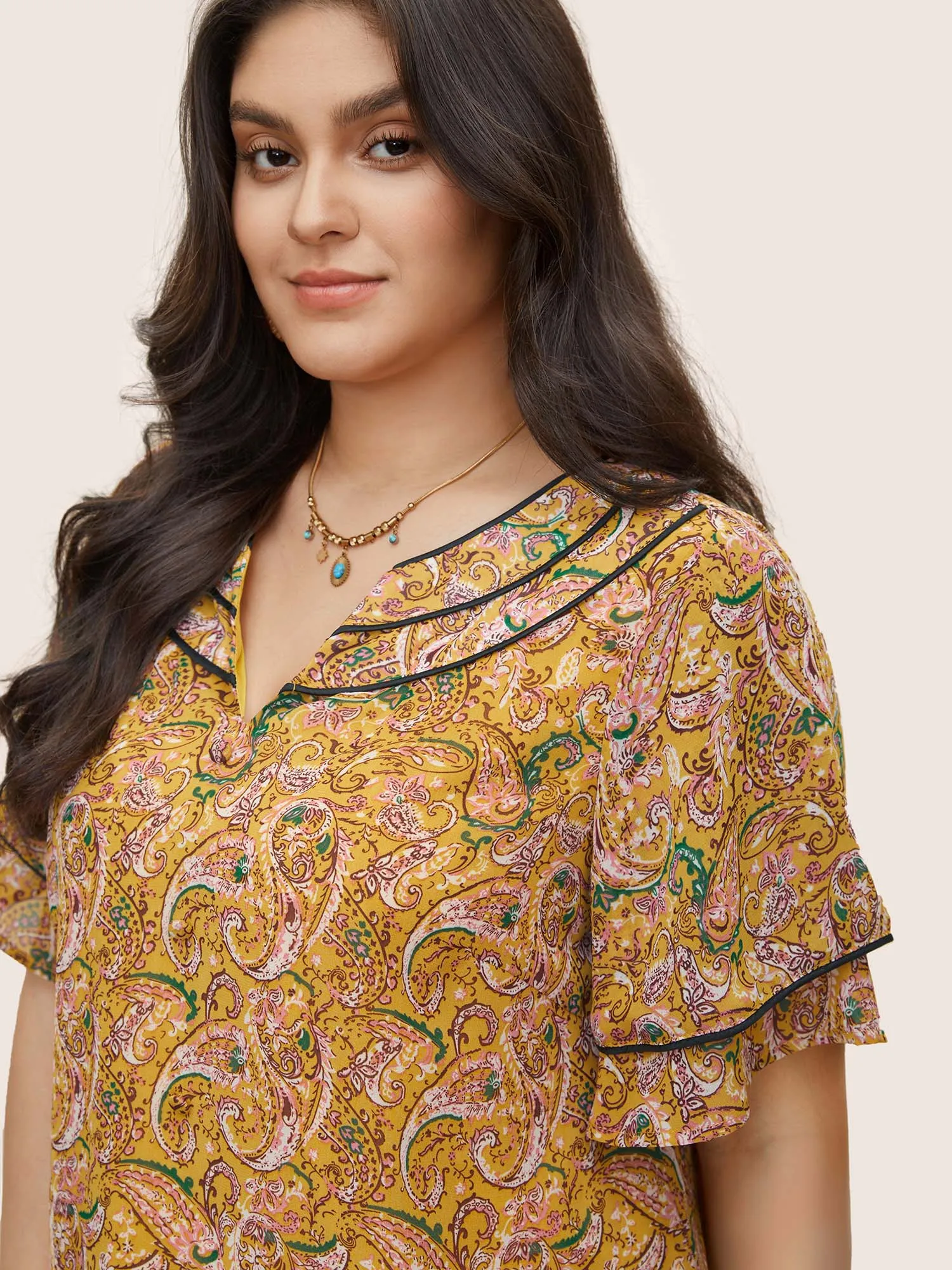 Paisley Print Chiffon Ruffle Layered Sleeve Blouse sold by Bloomchic product image thumbnail 3