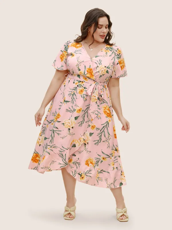 Floral Surplice Neck Pocket Belted Dress sold by Bloomchic