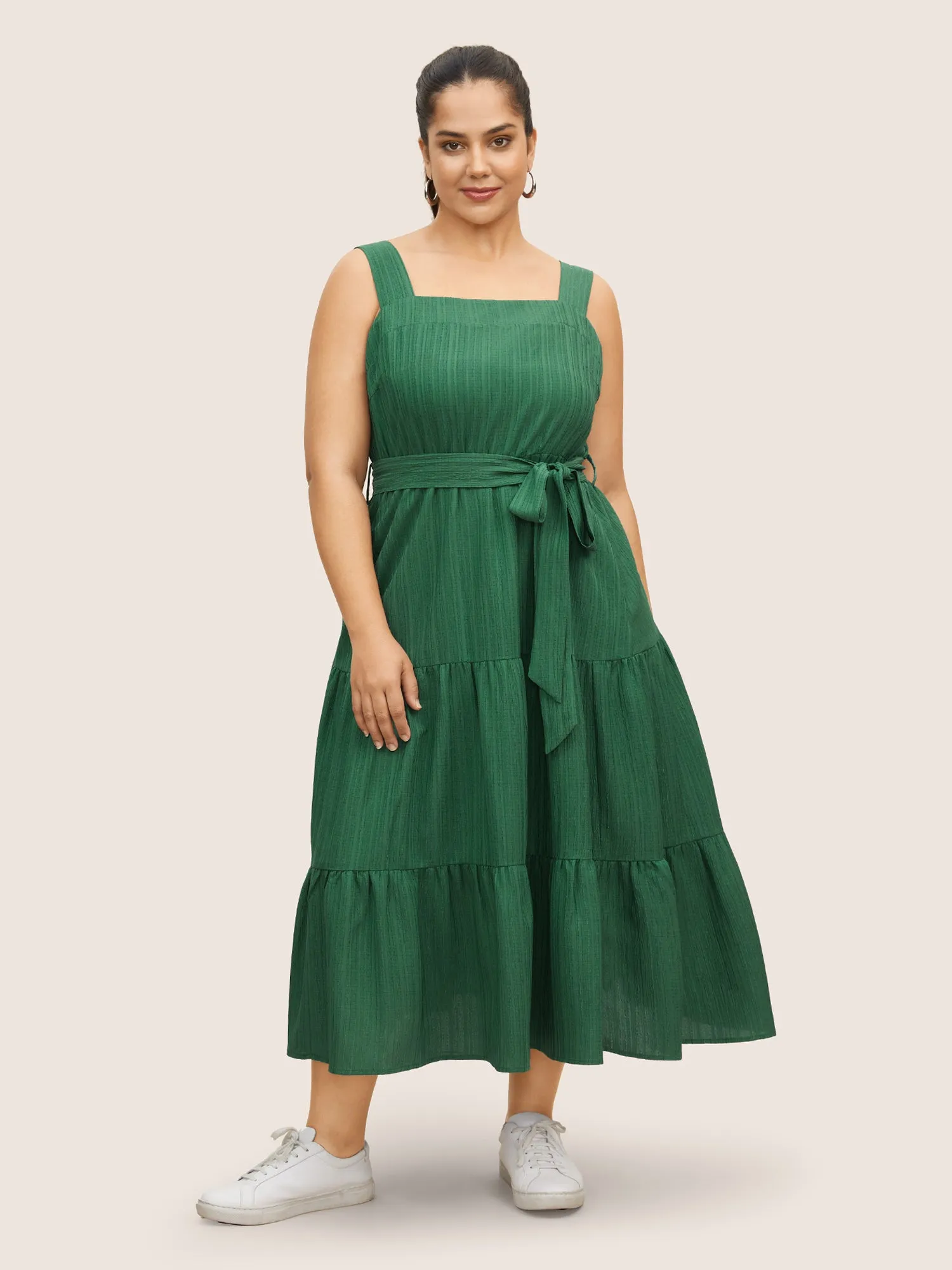 Solid Texture Belted Patchwork Hem Dress sold by Bloomchic