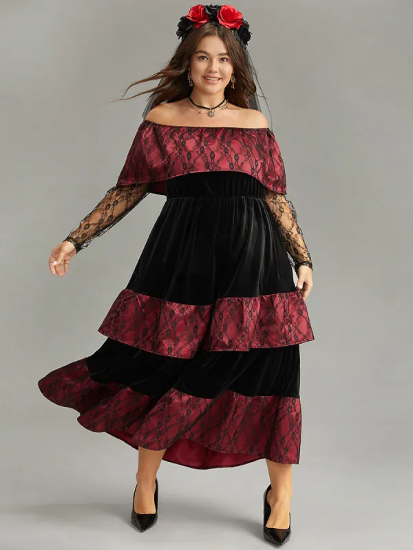 Off Shoulder Lace Insert Mesh Layered Dress sold by Bloomchic