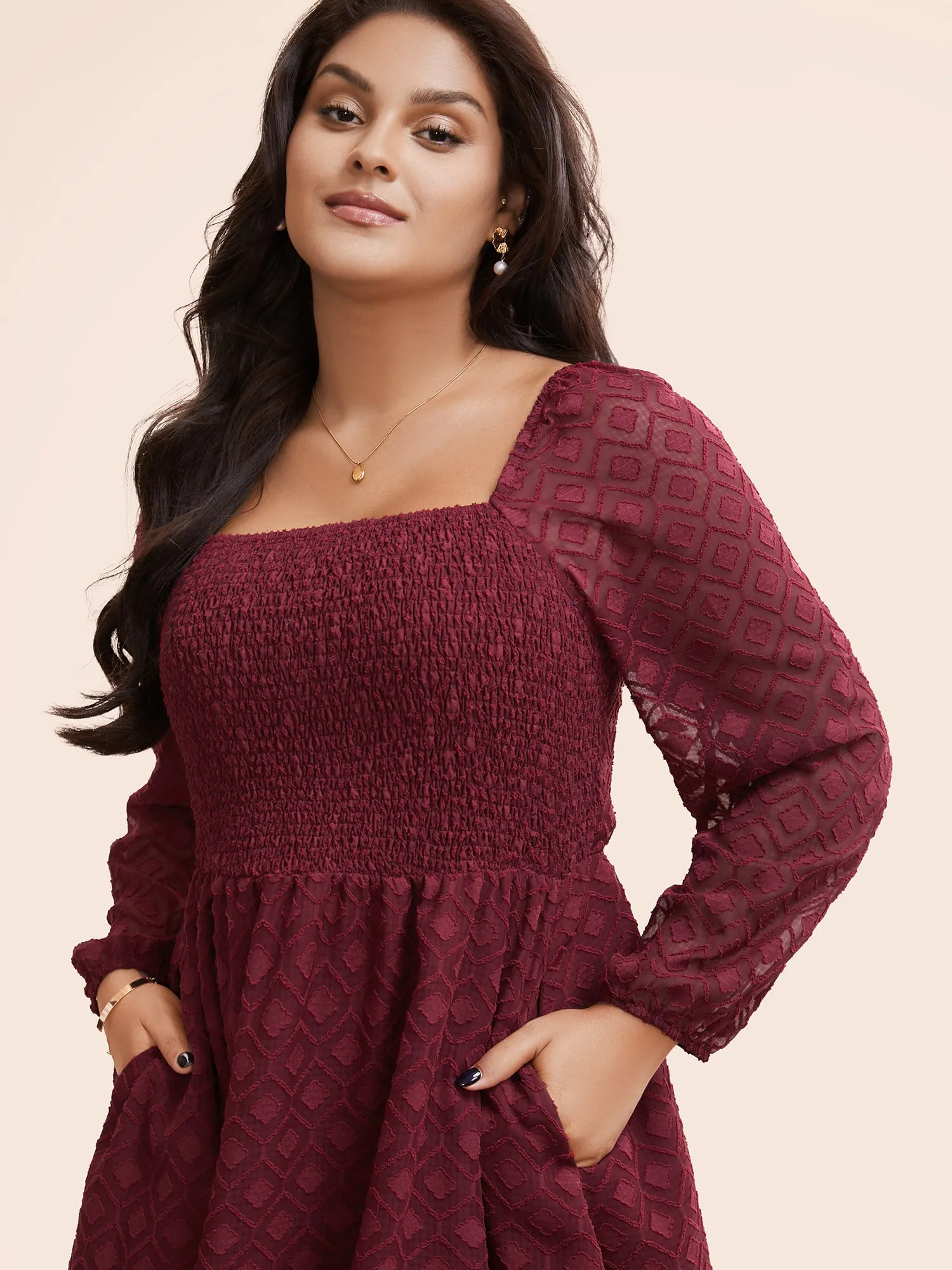 Square Neck Textured Mesh Shirred Dress sold by Bloomchic product image thumbnail 4