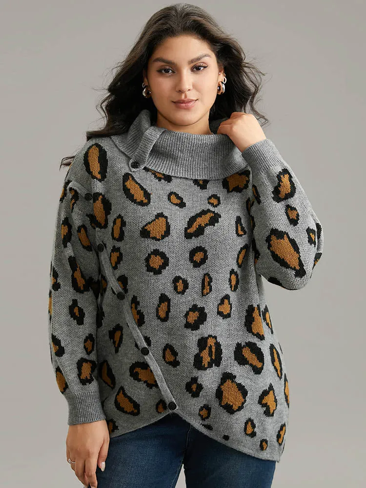 Anti-Pilling Leopard PrintLapel Collar Button Detail Pullover sold by Bloomchic product image thumbnail 4