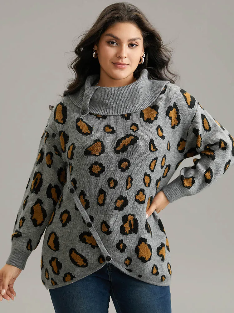 Anti-Pilling Leopard PrintLapel Collar Button Detail Pullover sold by Bloomchic